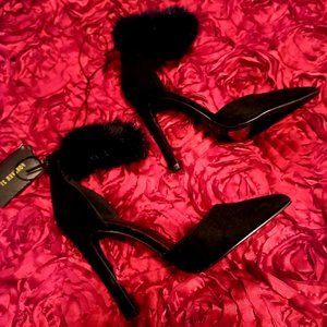 FAUX FUR ANKLE STRAP HEELS